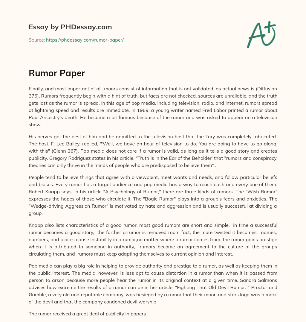 The Danger of Rumors in Pop Media essay