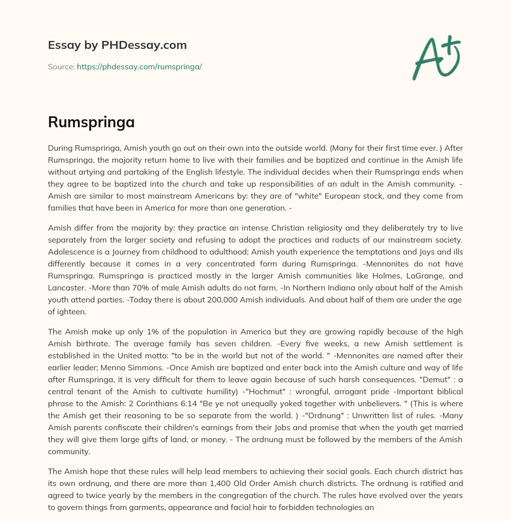 Rumspringa: Amish Youth’s Journey to Adulthood and Separation from Mainstream Society essay