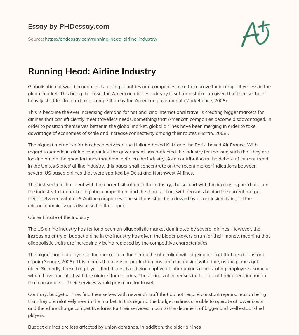 Running Head: Airline Industry essay