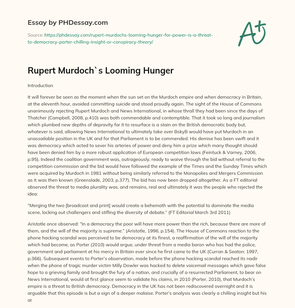 Rupert Murdoch`s Looming Hunger essay