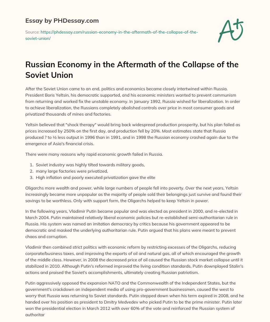 Russian Economy in the Aftermath of the Collapse of the Soviet Union essay