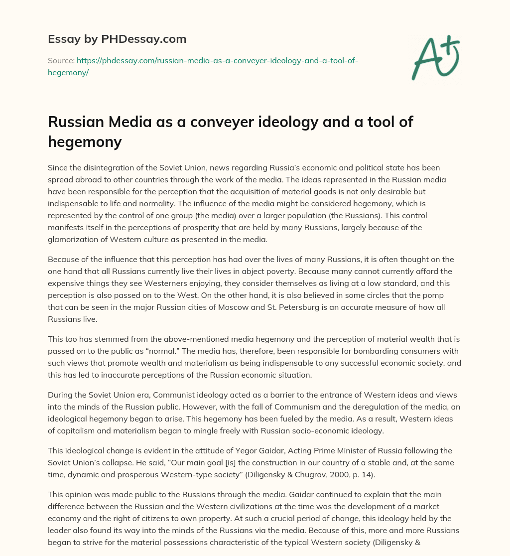 Russian Media as a conveyer ideology and a tool of hegemony essay