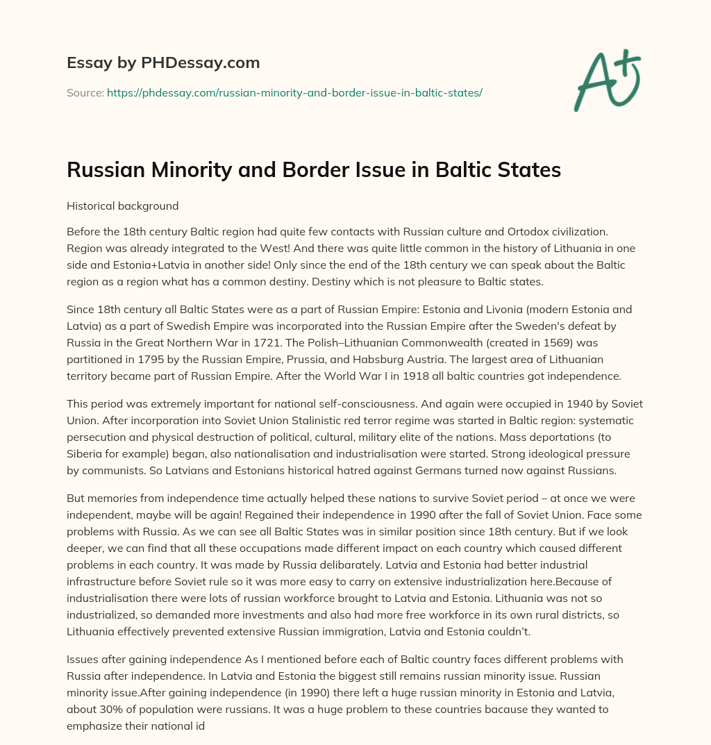 Russian Minority and Border Issue in Baltic States essay