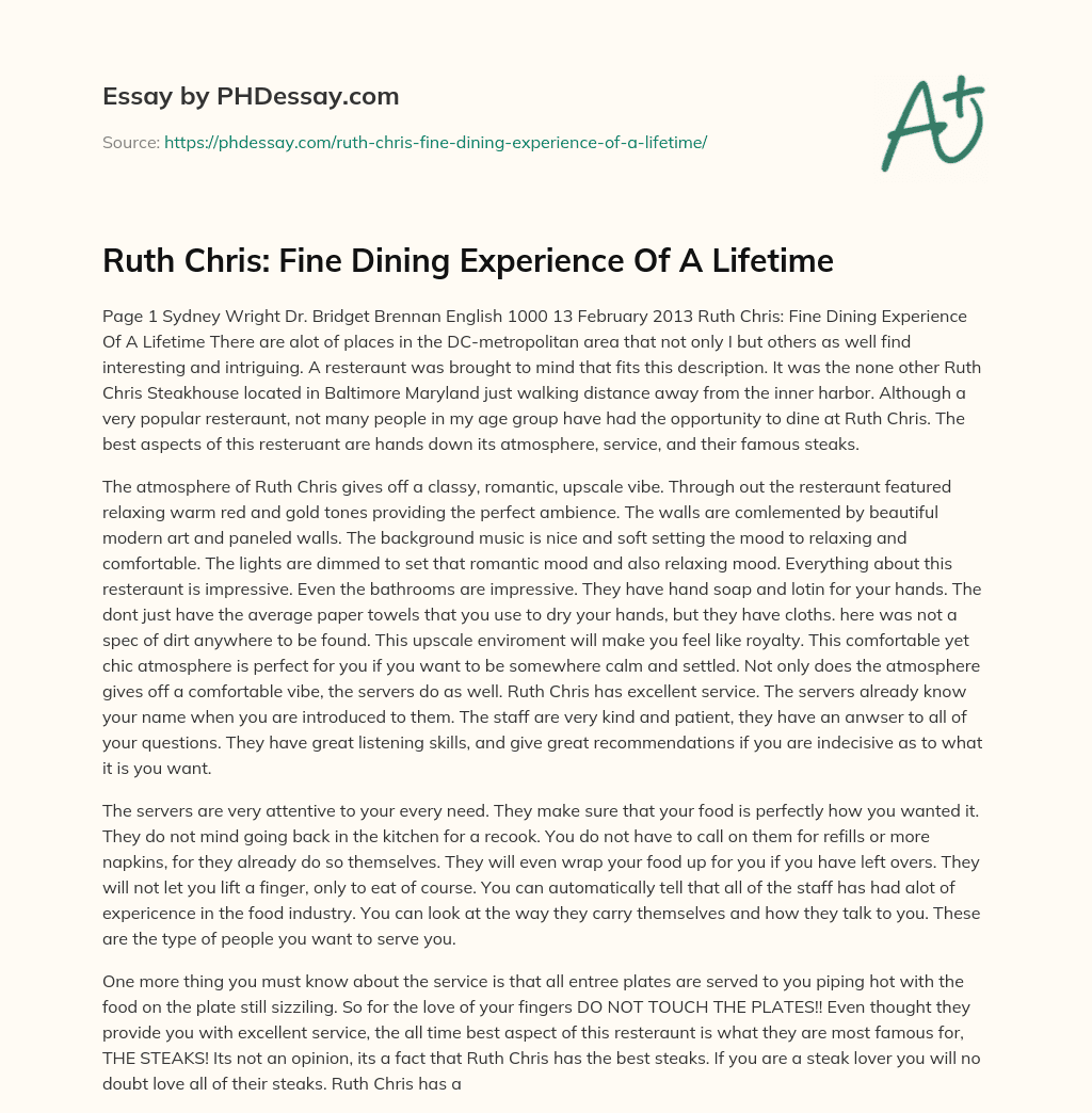 Ruth Chris: Fine Dining Experience Of A Lifetime essay
