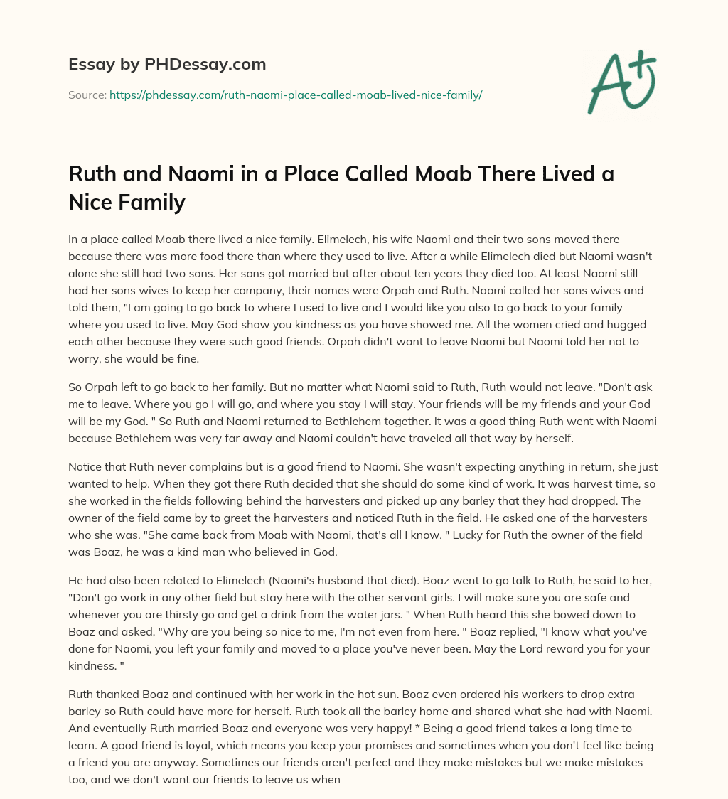 Ruth and Naomi in a Place Called Moab There Lived a Nice Family essay