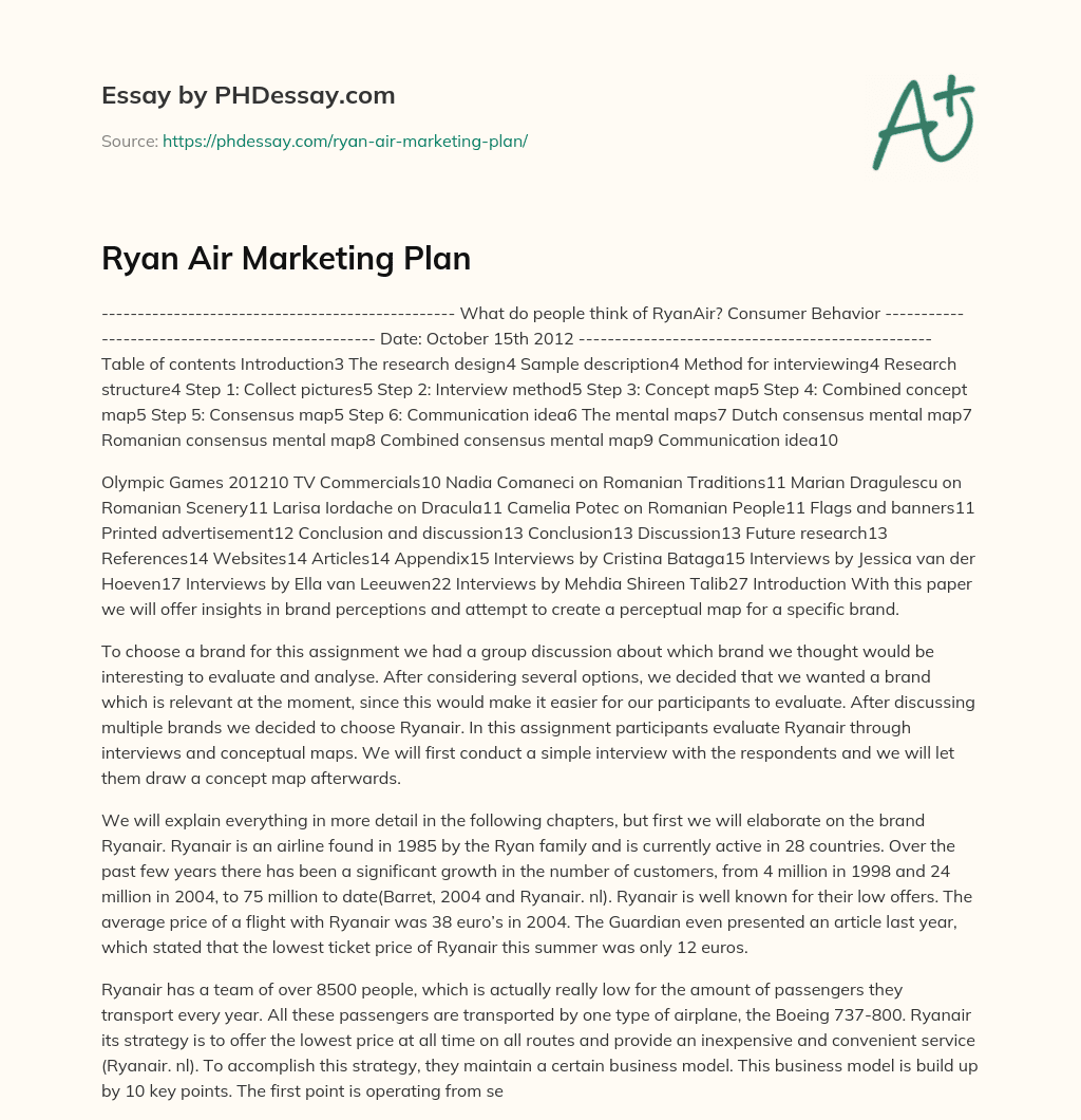 Ryan Air Marketing Plan essay