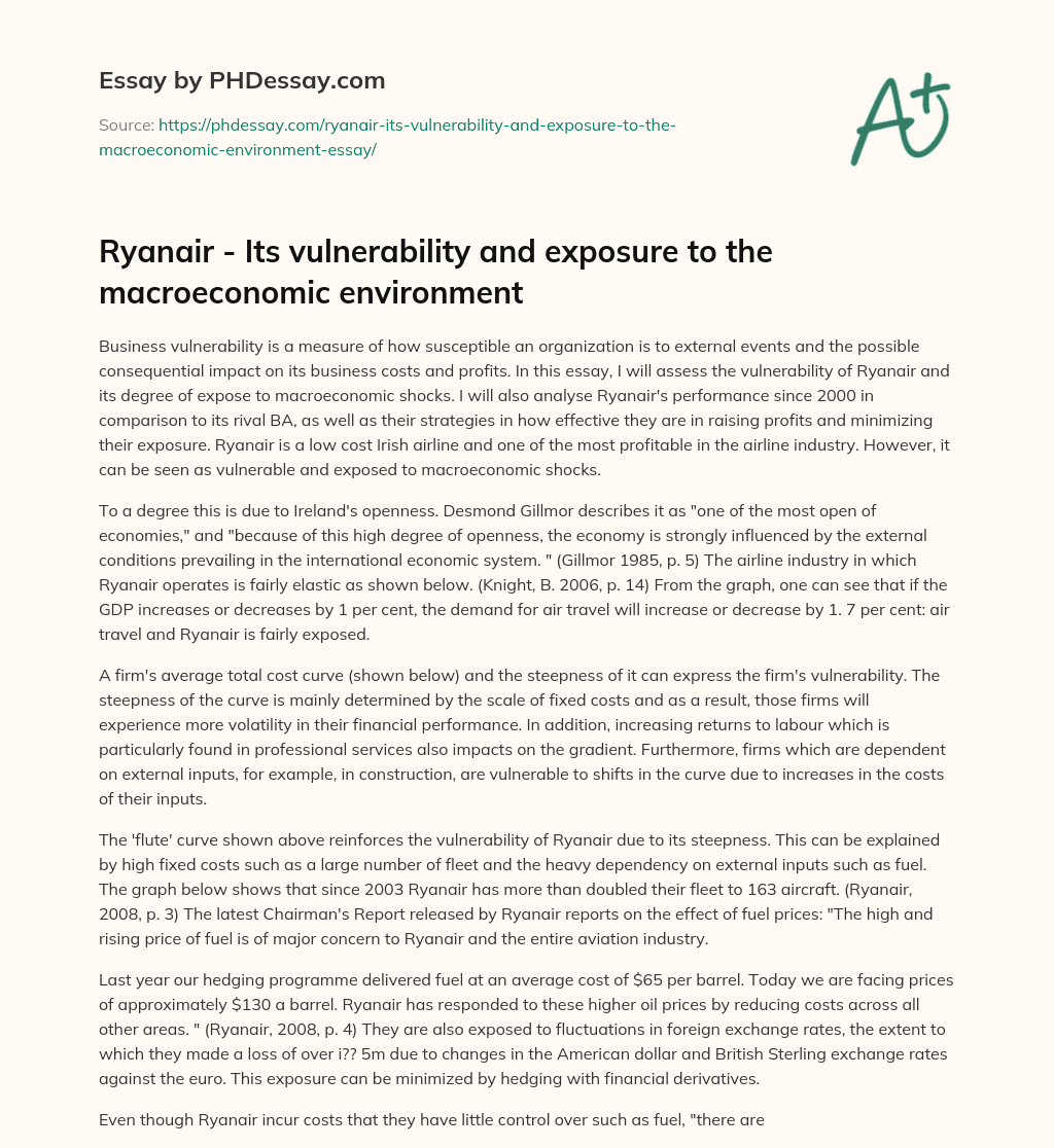 Ryanair – Its vulnerability and exposure to the macroeconomic environment essay