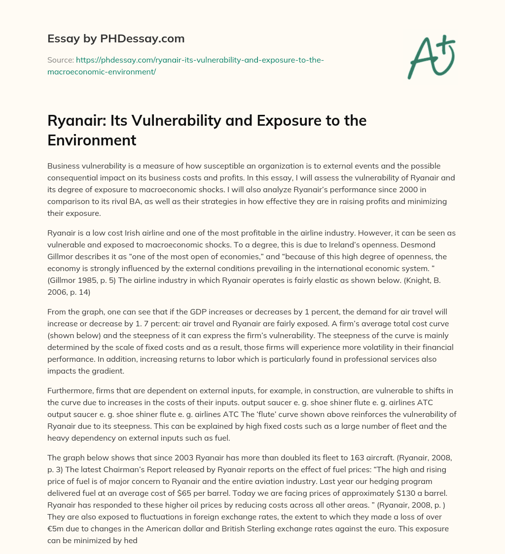Ryanair: Its Vulnerability and Exposure to the Environment essay