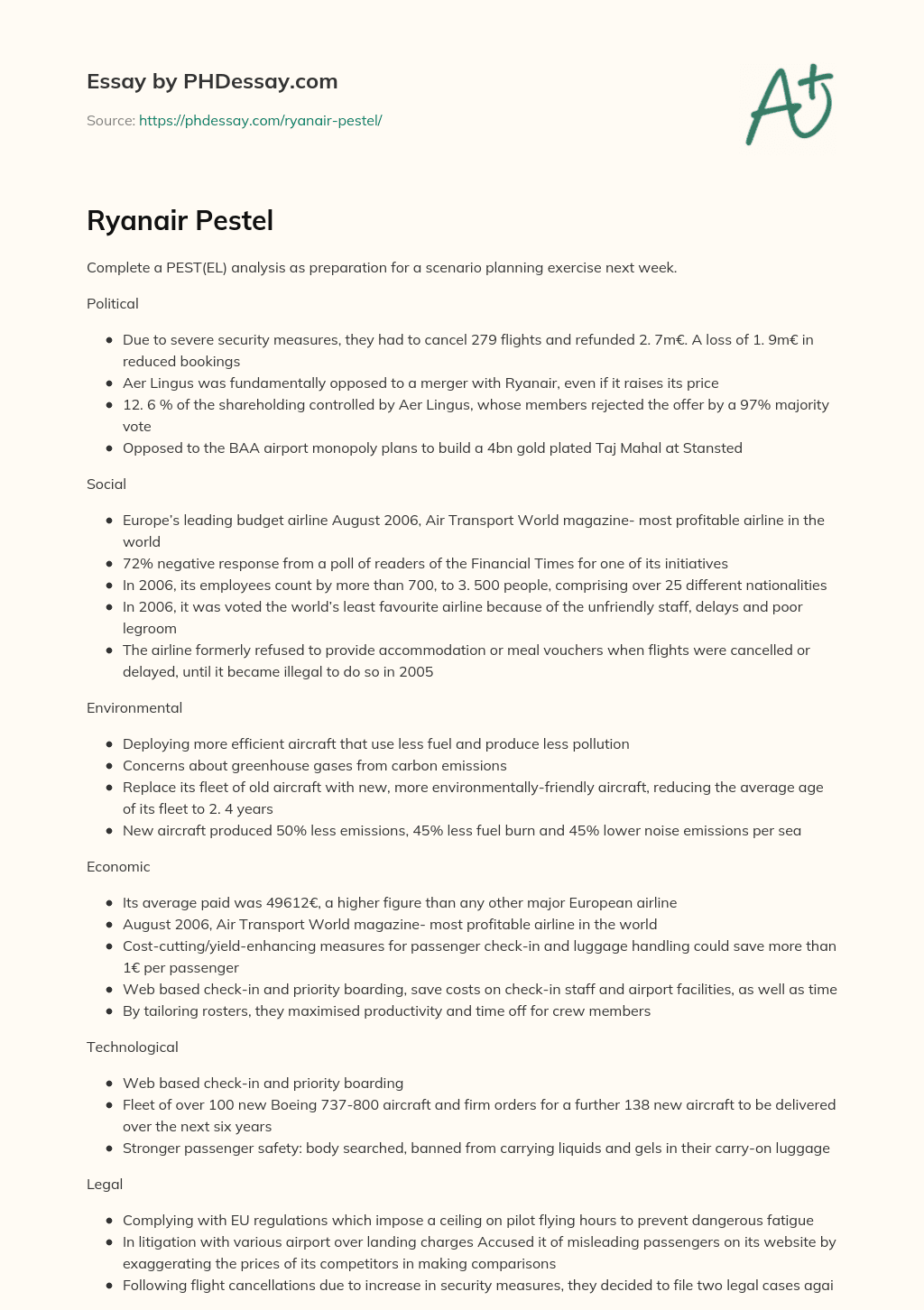 Ryanair Pestel essay