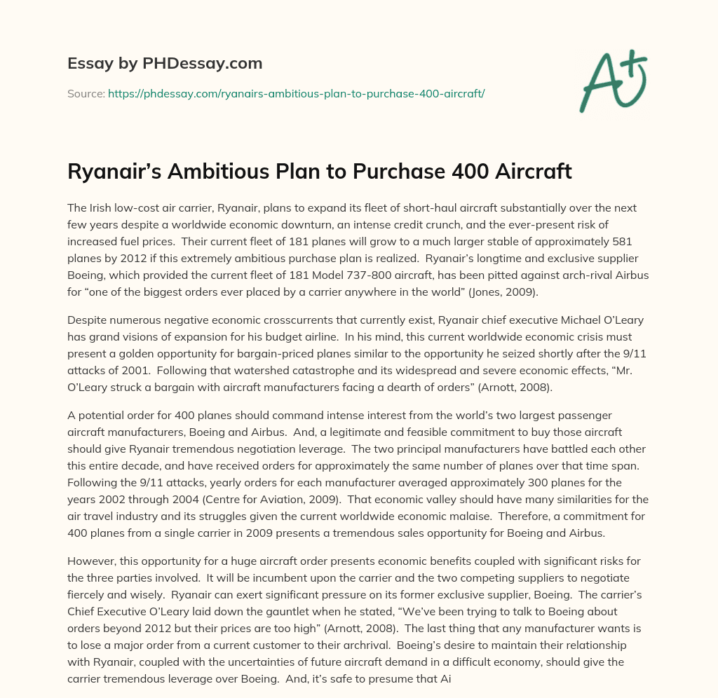 Ryanair’s Ambitious Plan to Purchase 400 Aircraft essay