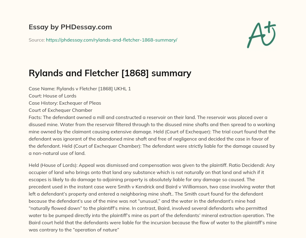 Rylands and Fletcher [1868] summary essay
