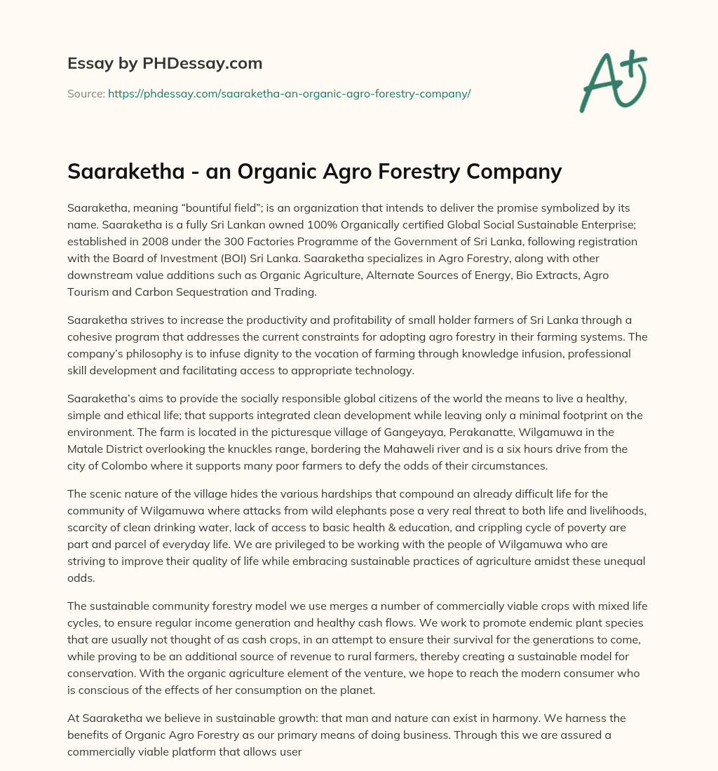 Saaraketha – an Organic Agro Forestry Company essay