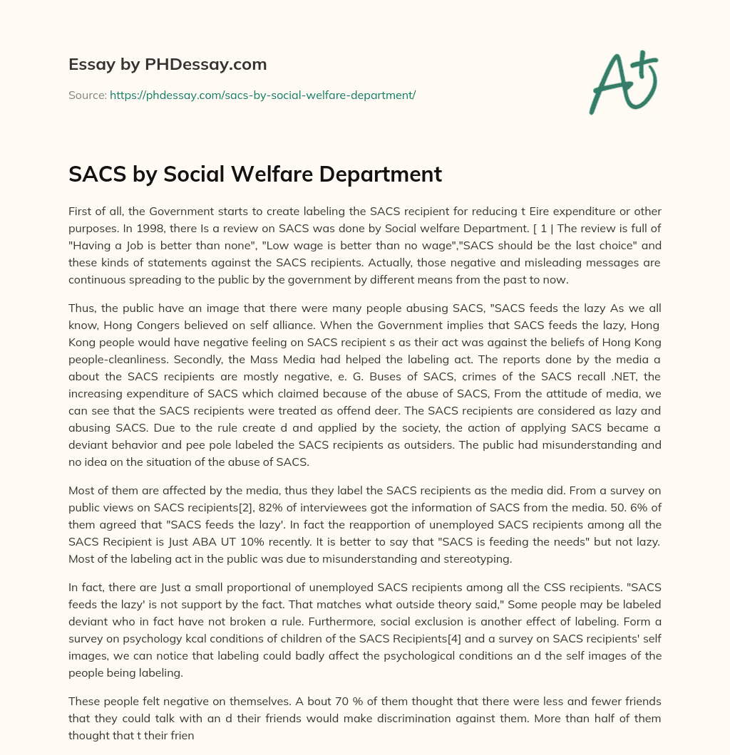 SACS by Social Welfare Department essay