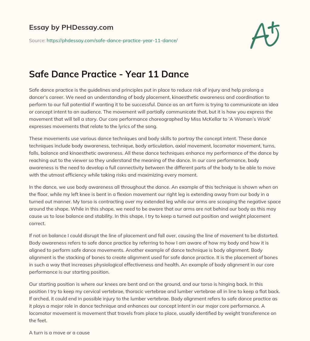 Safe Dance Practice – Year 11 Dance essay
