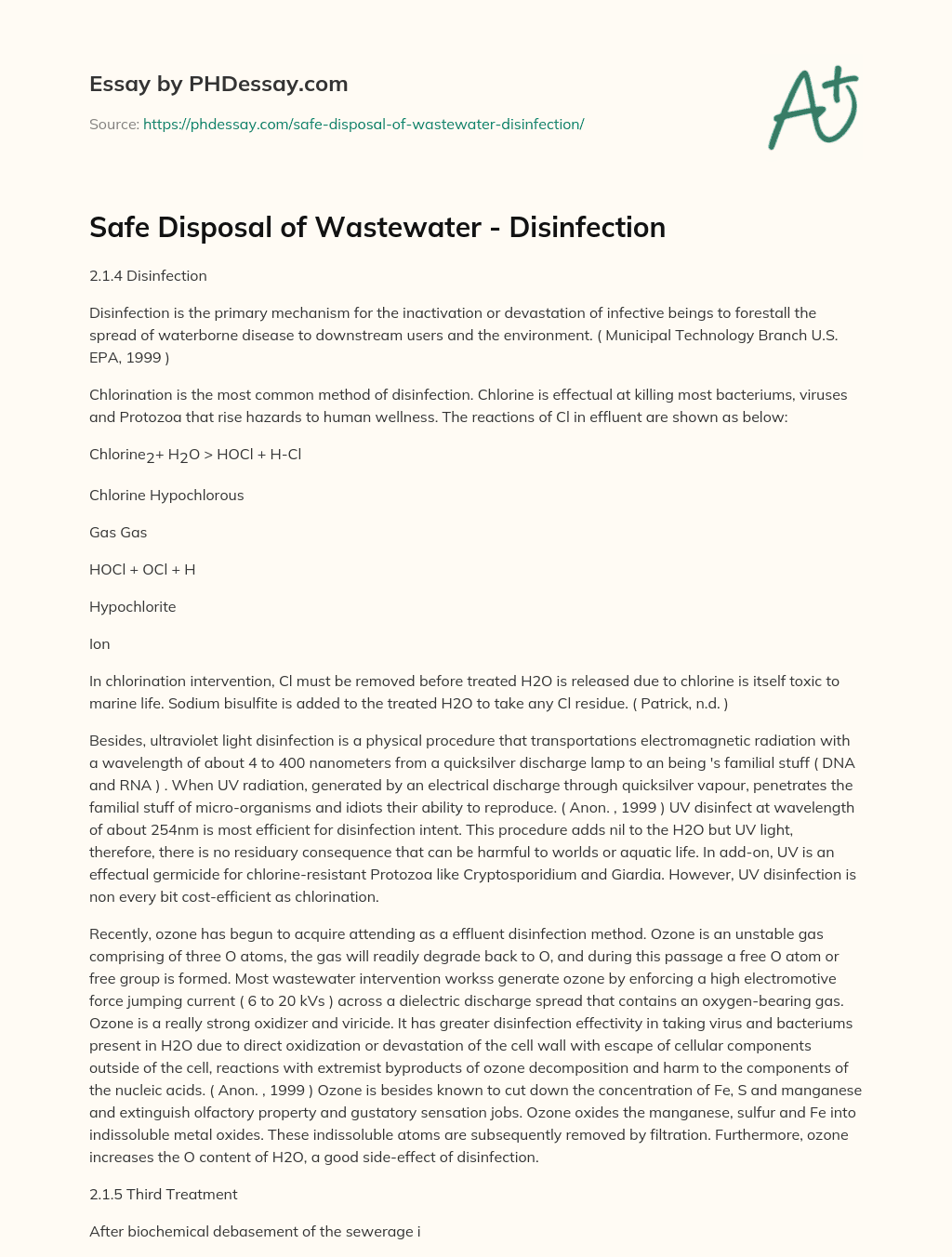 Safe Disposal of Wastewater – Disinfection essay