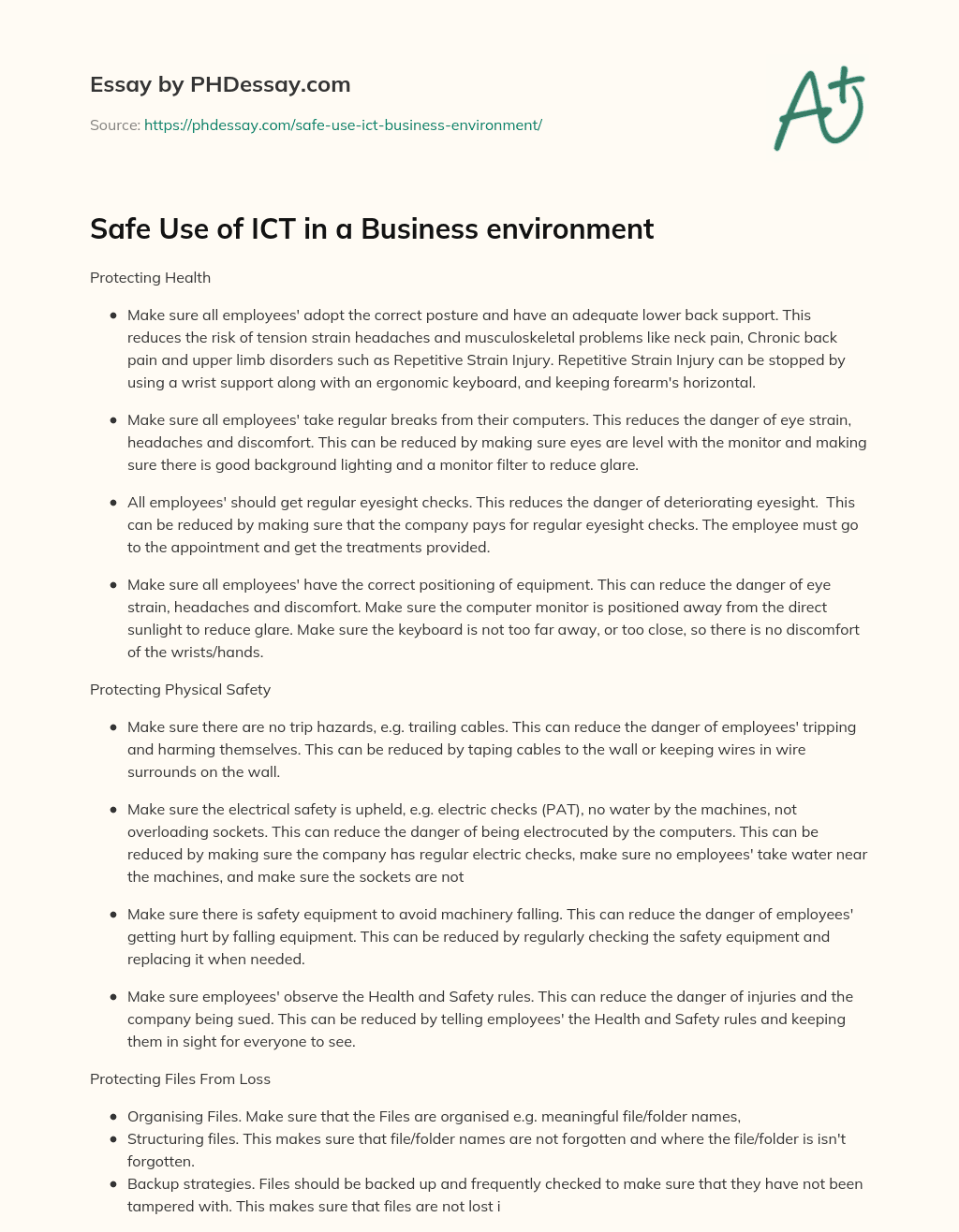 Safe Use of ICT in a Business environment essay