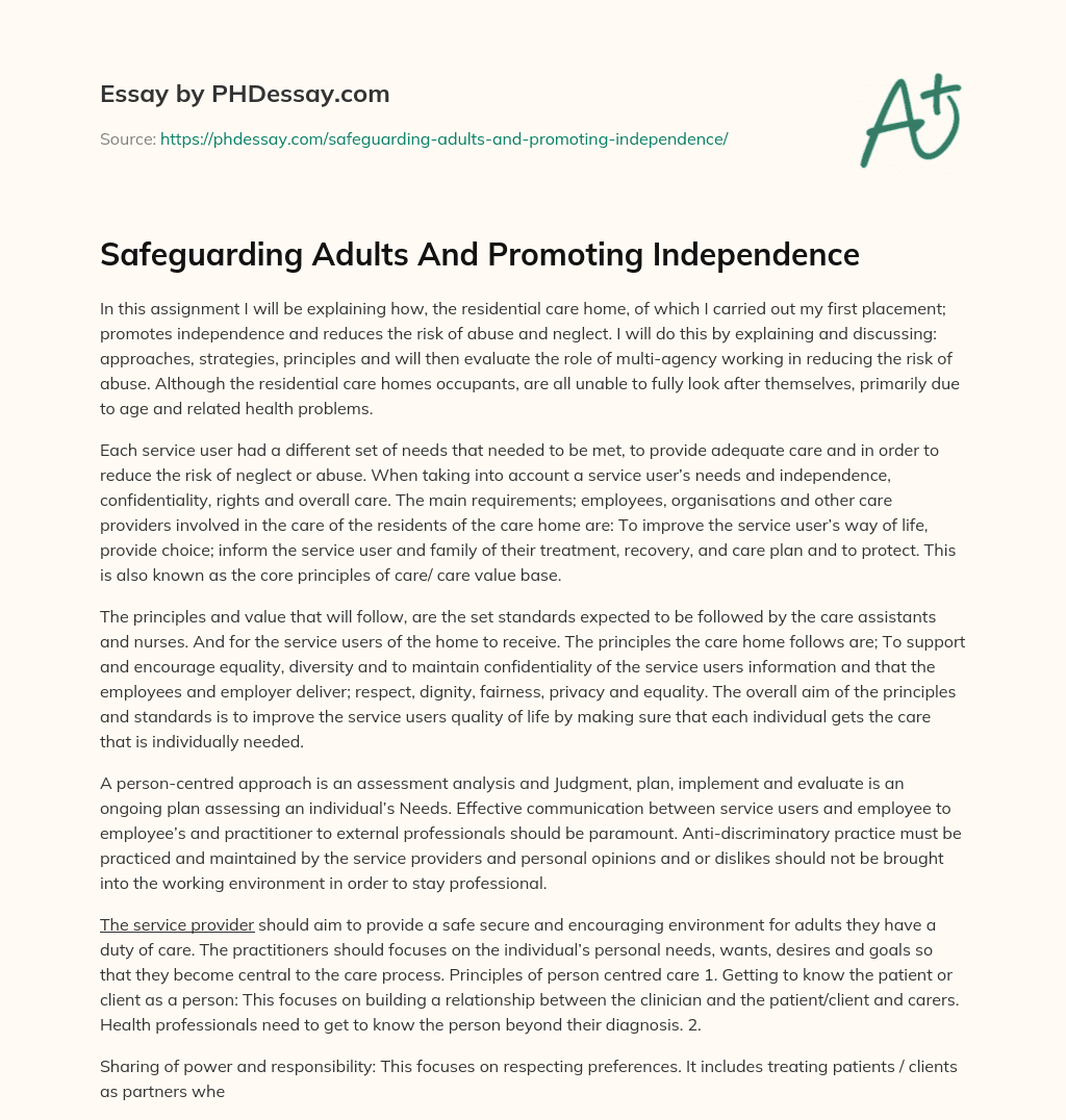 Safeguarding Adults And Promoting Independence essay