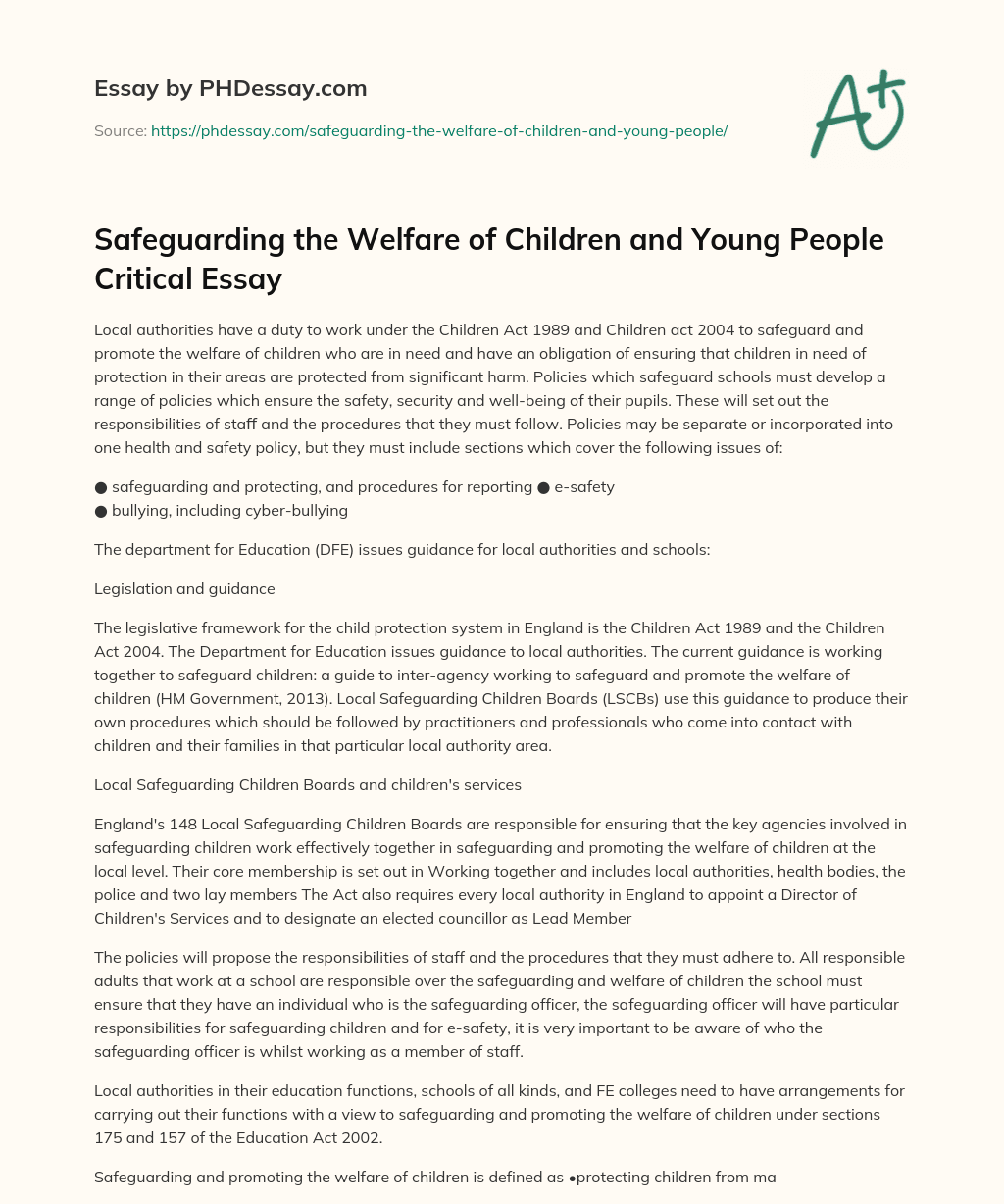 Safeguarding the Welfare of Children and Young People Critical Essay essay