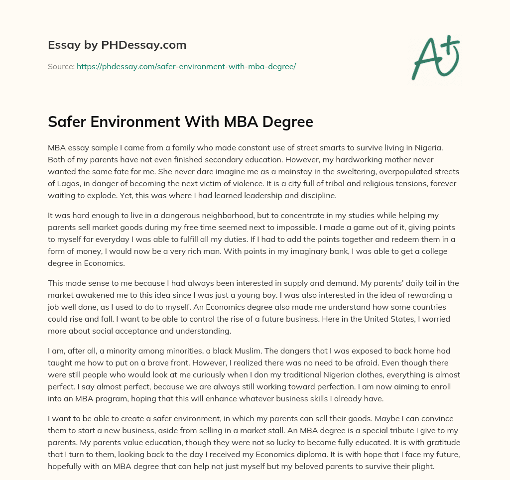 Safer Environment With MBA Degree essay