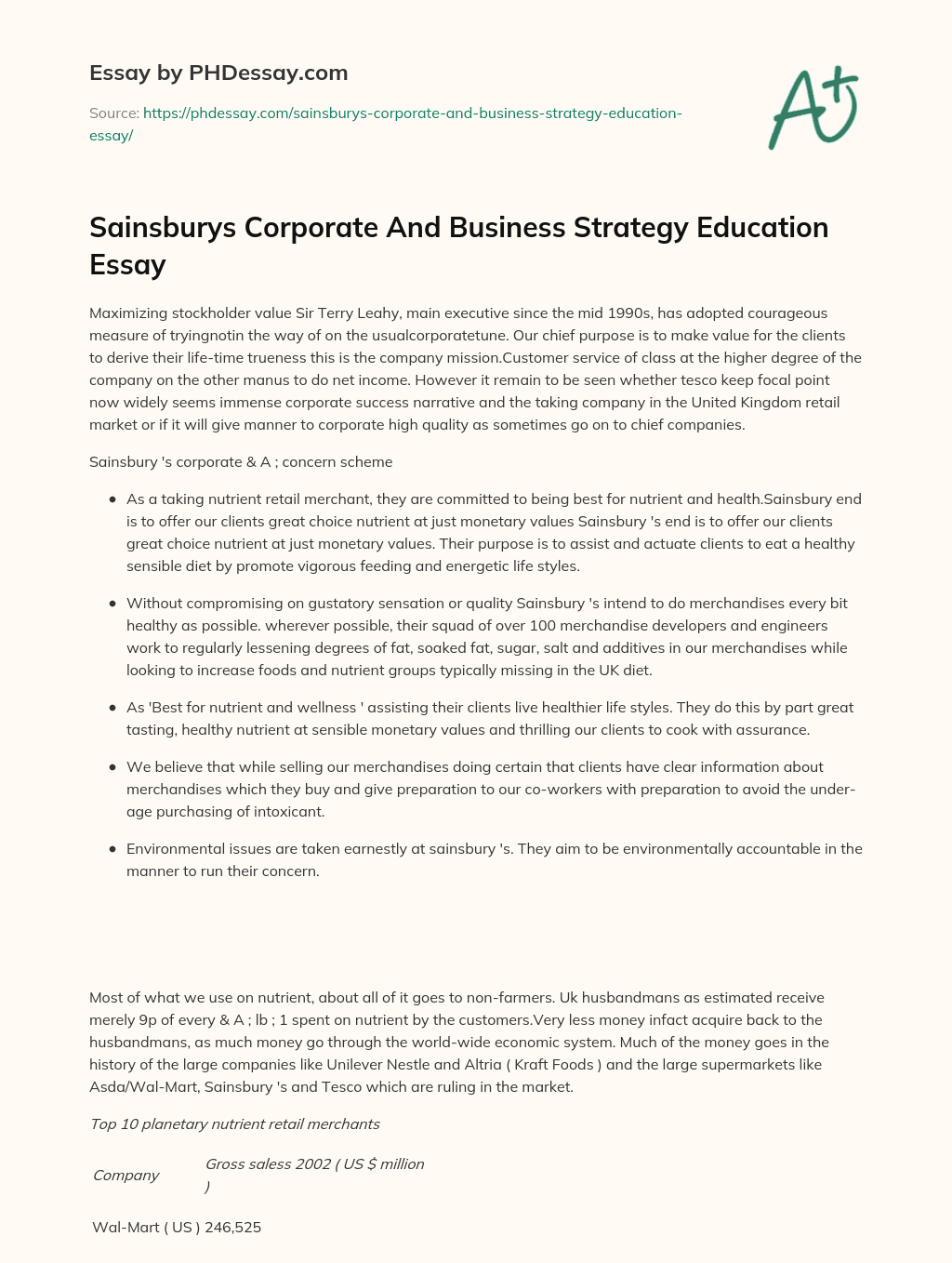 Sainsburys Corporate And Business Strategy Education Essay essay