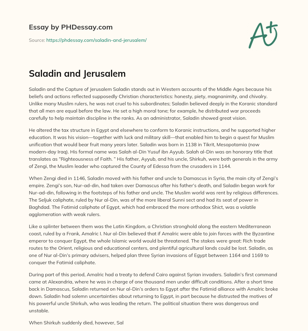 Saladin and Jerusalem essay