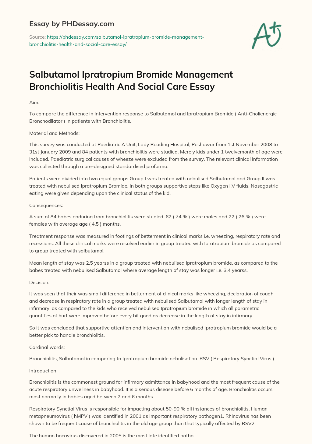 Salbutamol Ipratropium Bromide Management Bronchiolitis Health And Social Care Essay essay