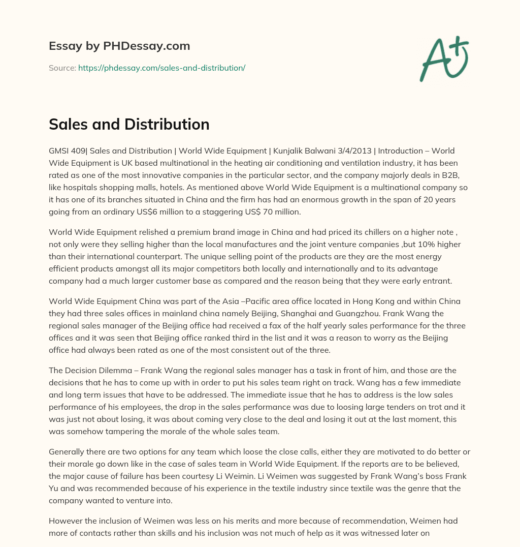 Sales and Distribution essay