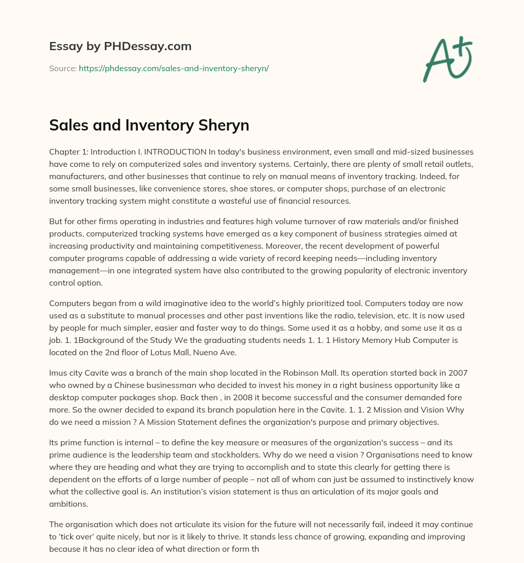 Sales and Inventory Sheryn essay