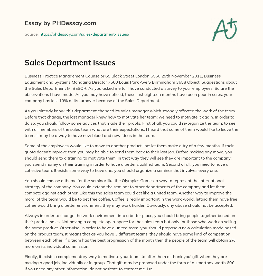 Sales Department Issues essay