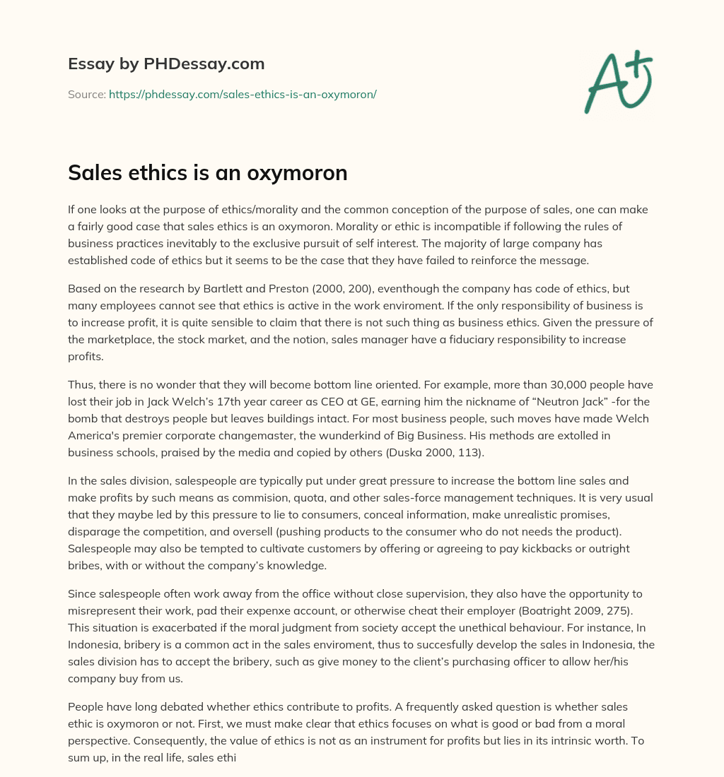 Sales ethics is an oxymoron essay
