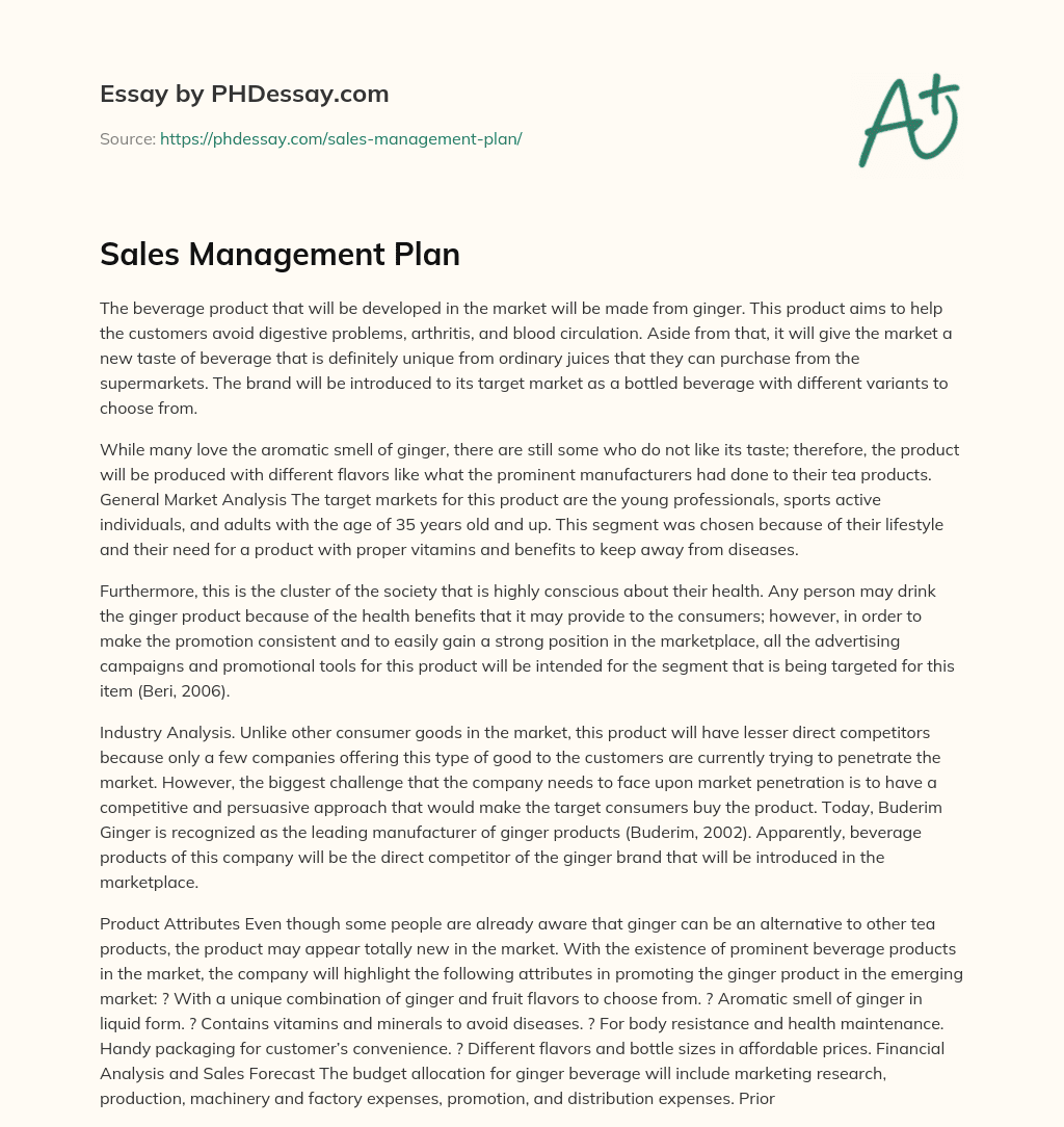 Sales Management Plan essay