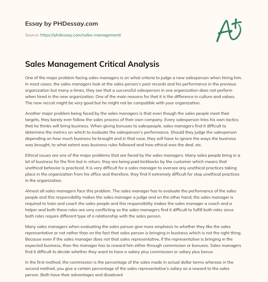 Sales Management Critical Analysis essay