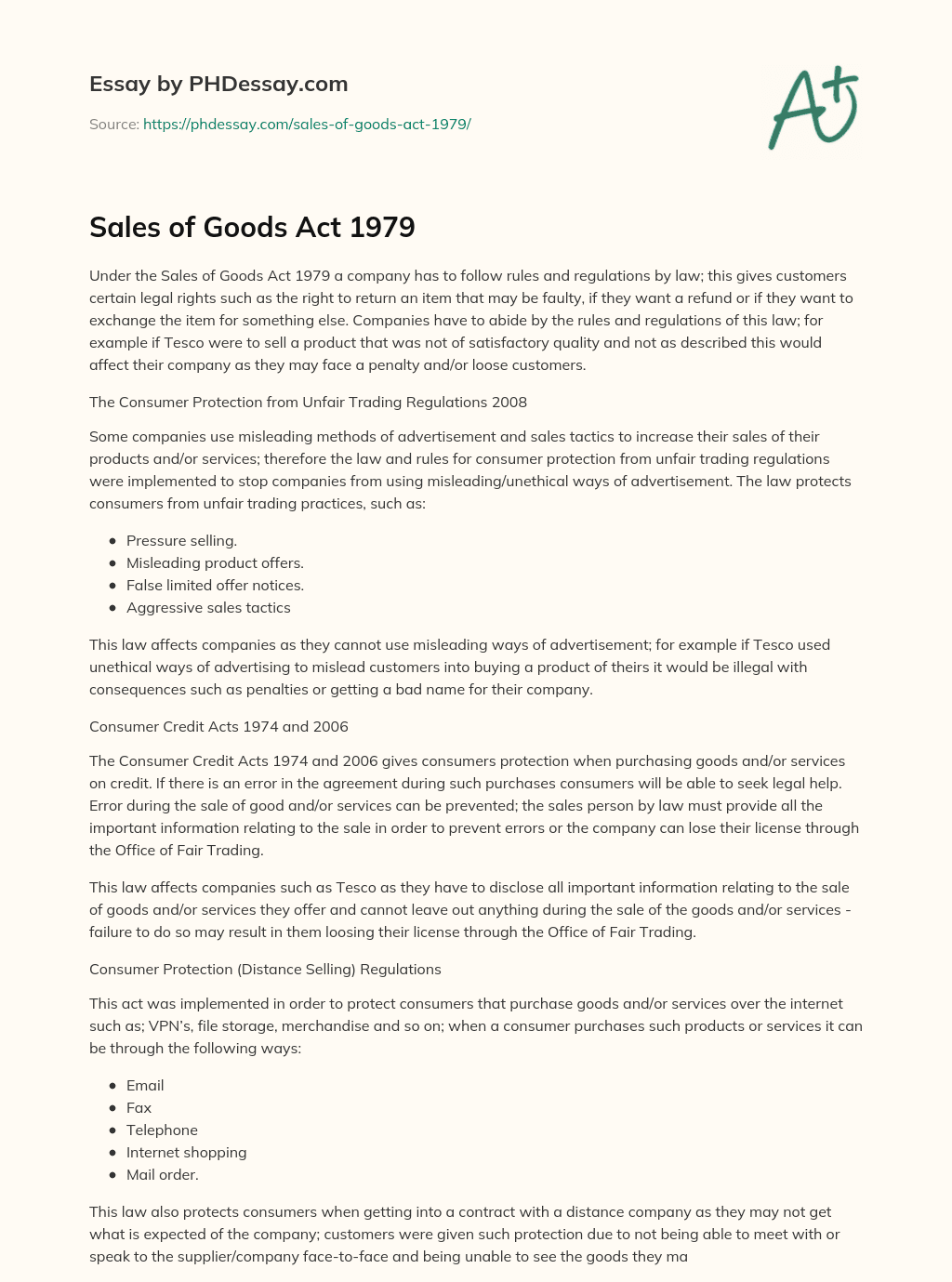 Sales of Goods Act 1979 essay