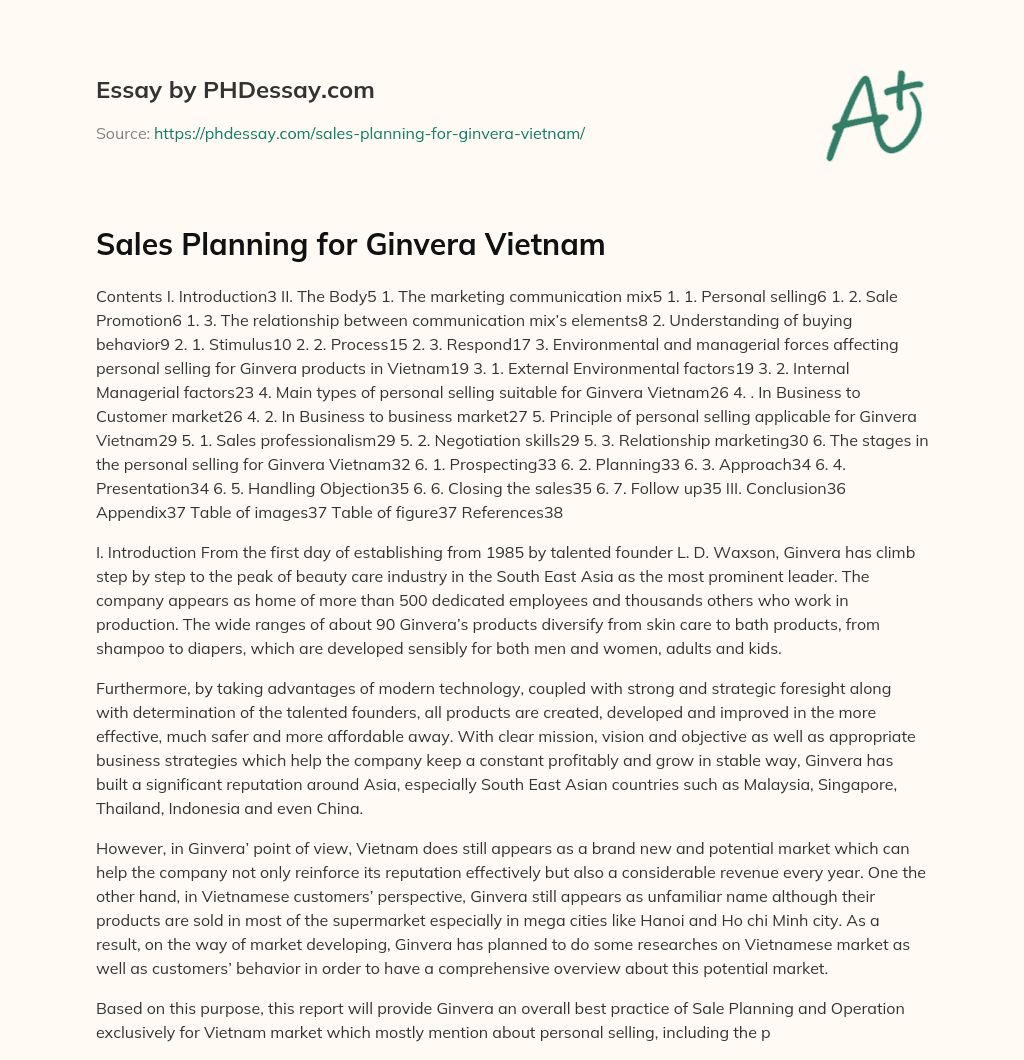 Sales Planning for Ginvera Vietnam essay