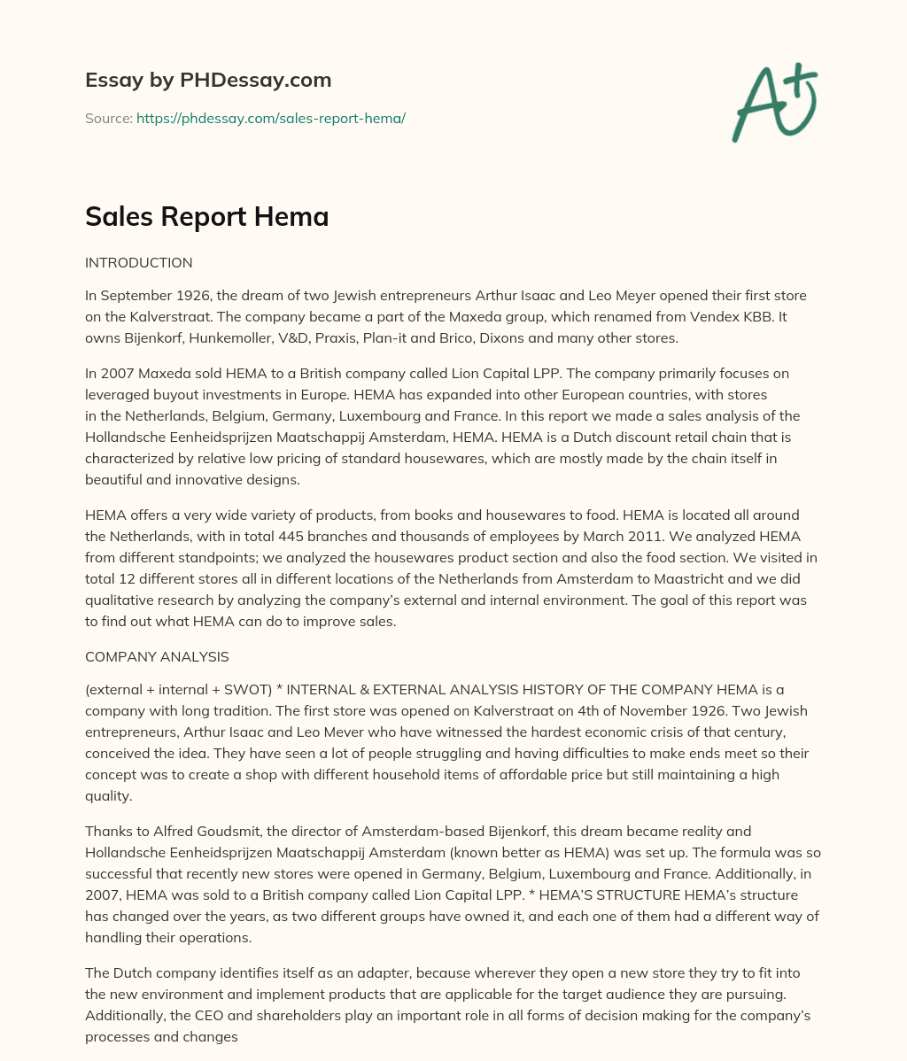 Sales Report Hema essay