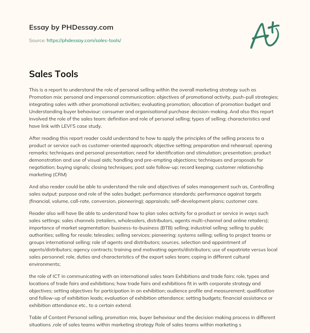 Report on Personal Selling and Sales Management Principles and Strategies essay