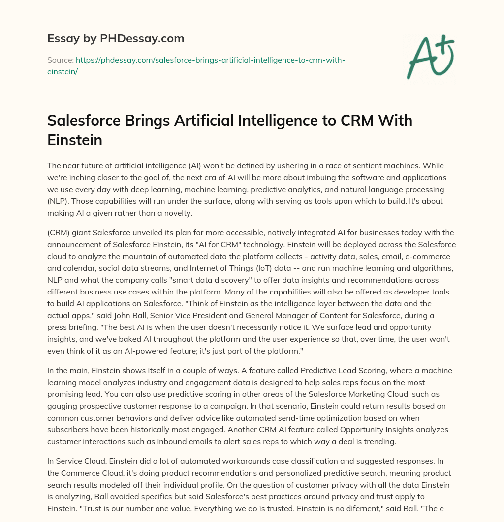 Salesforce Brings Artificial Intelligence to CRM With Einstein essay