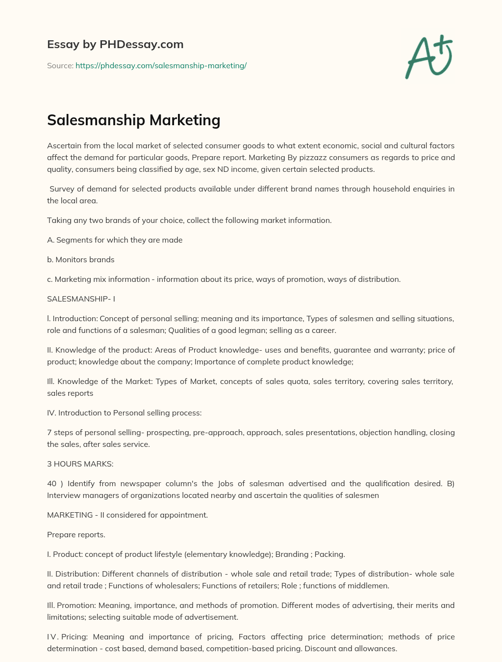Salesmanship Marketing essay