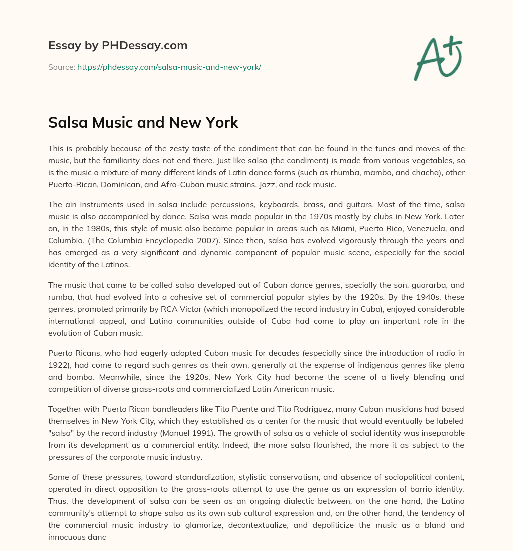 Salsa Music and New York essay