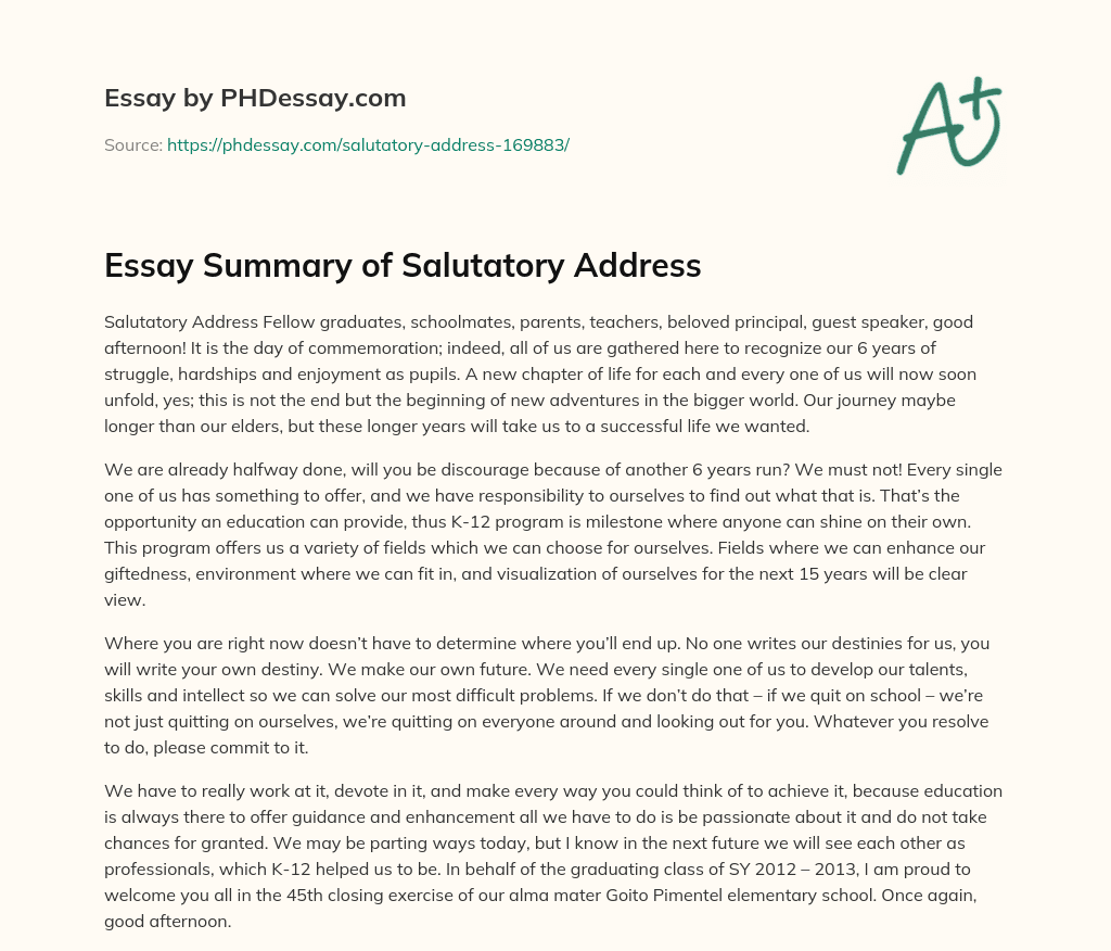 Essay Summary of Salutatory Address essay