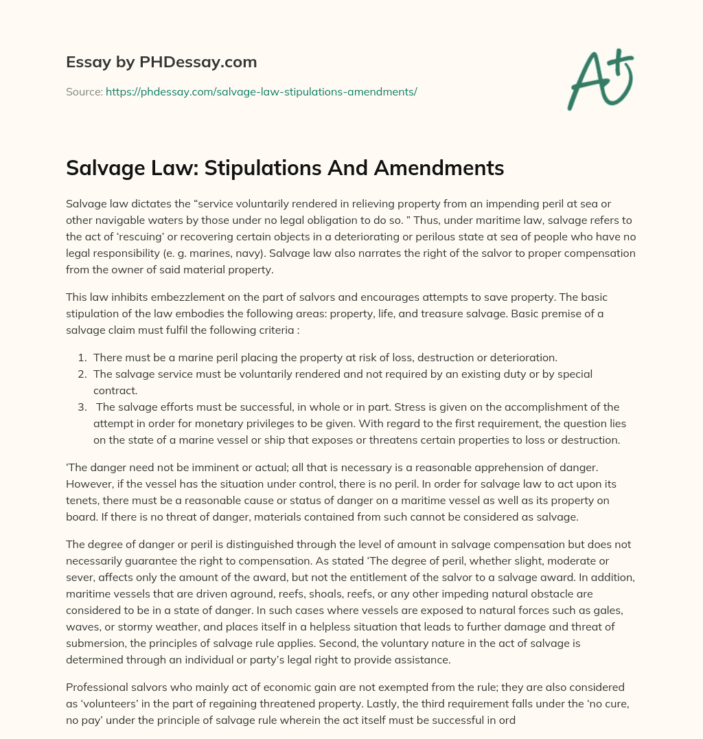 Salvage Law: Stipulations And Amendments essay