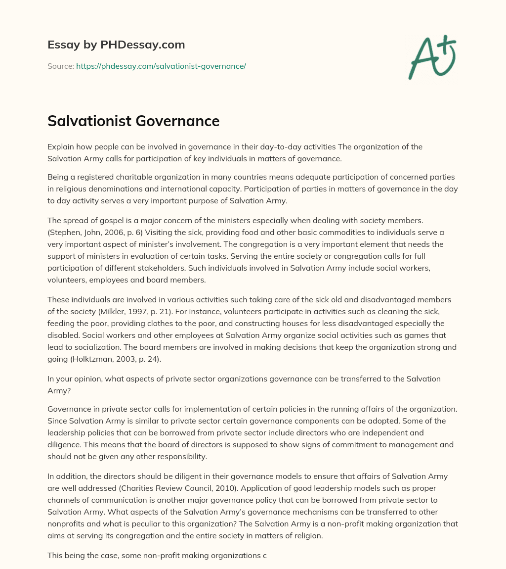Salvationist Governance essay