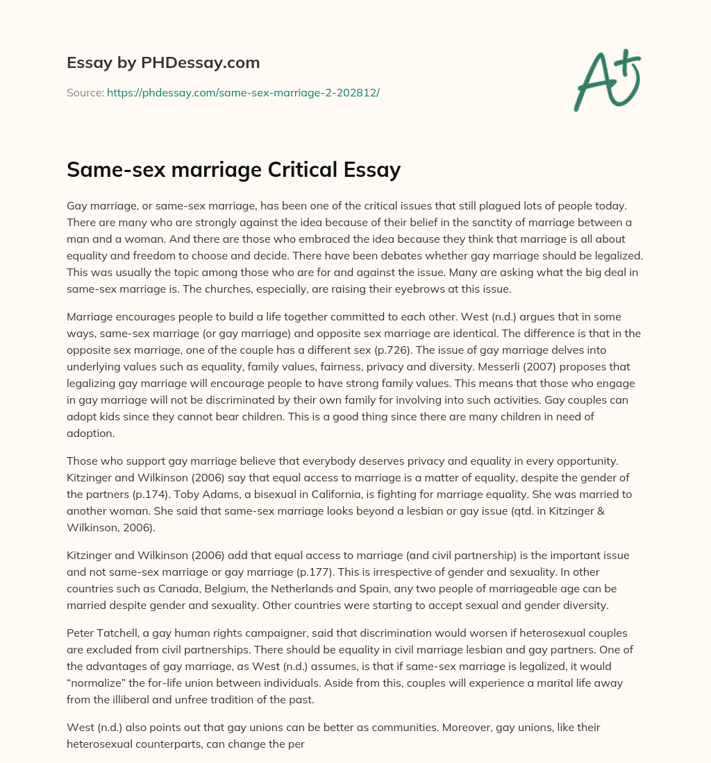 Same-sex marriage Critical Essay essay