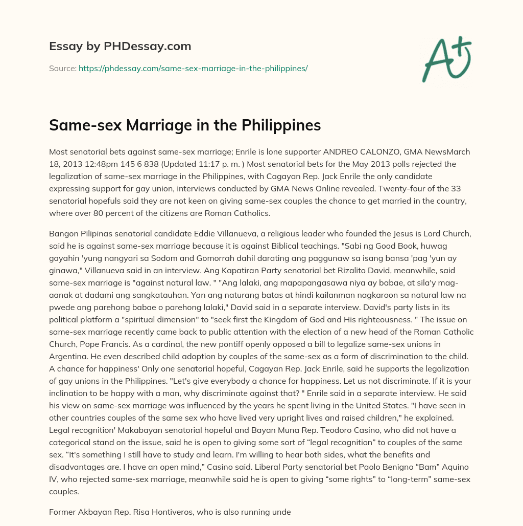 same sex marriage in the philippines argumentative essay