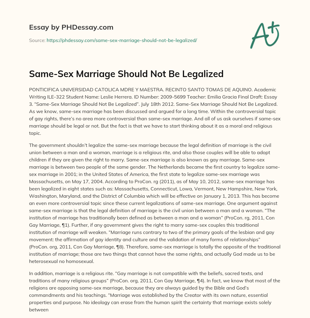 Same-Sex Marriage Should Not Be Legalized essay