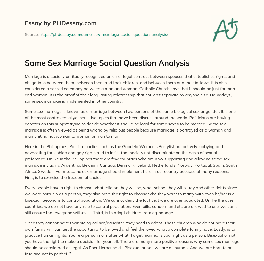 Same Sex Marriage Social Question Analysis essay