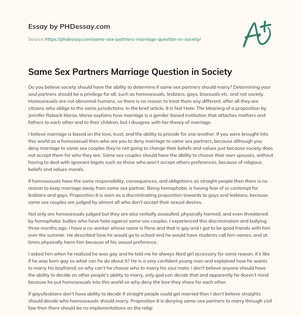 Same Sex Partners Marriage Question in Society essay