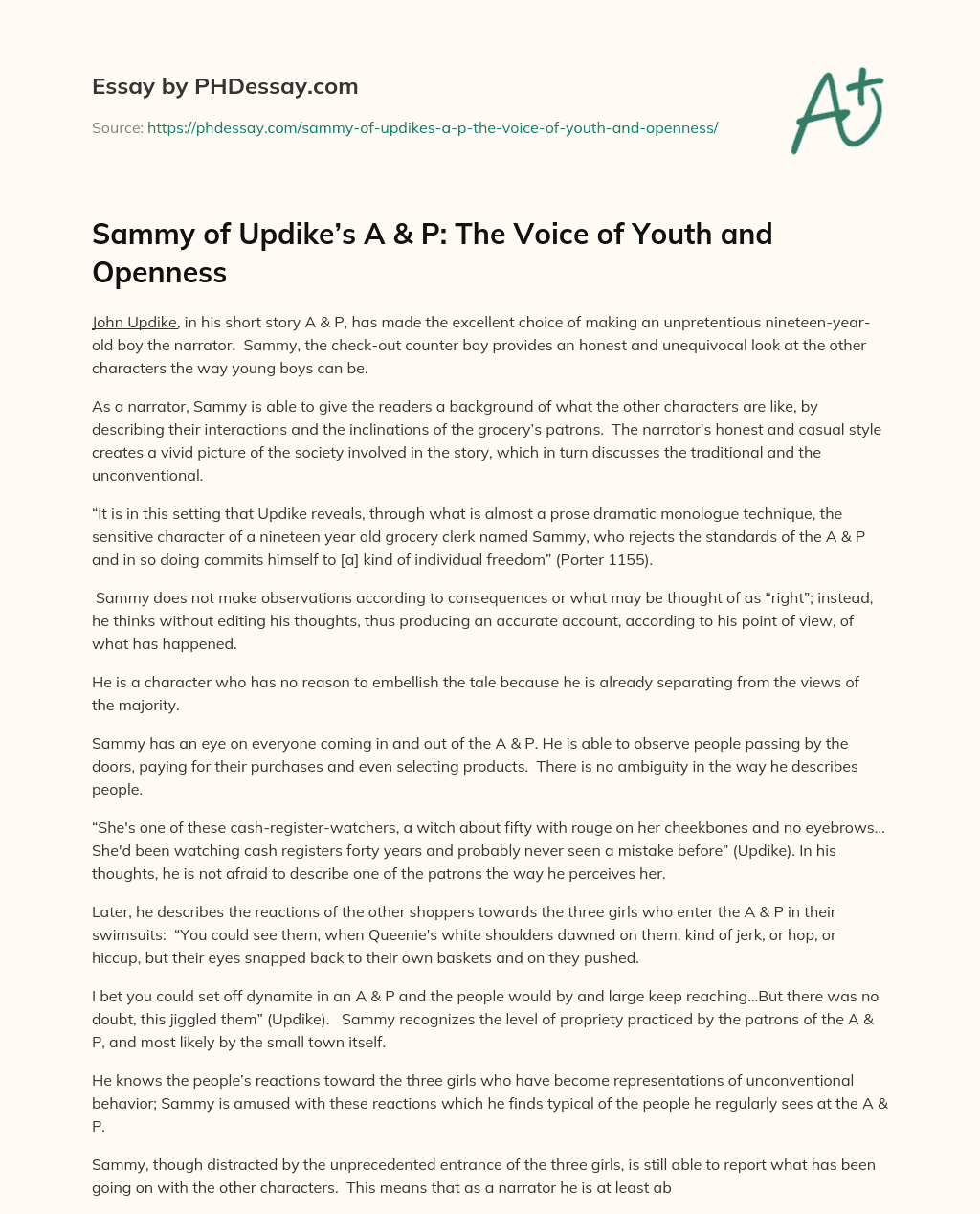 Sammy of Updike’s A & P: The Voice of Youth and Openness essay
