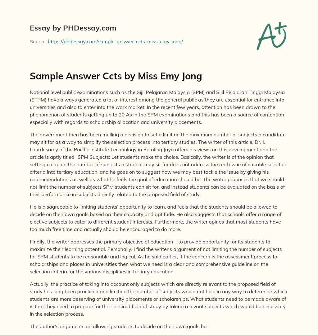 Sample Answer Ccts by Miss Emy Jong essay