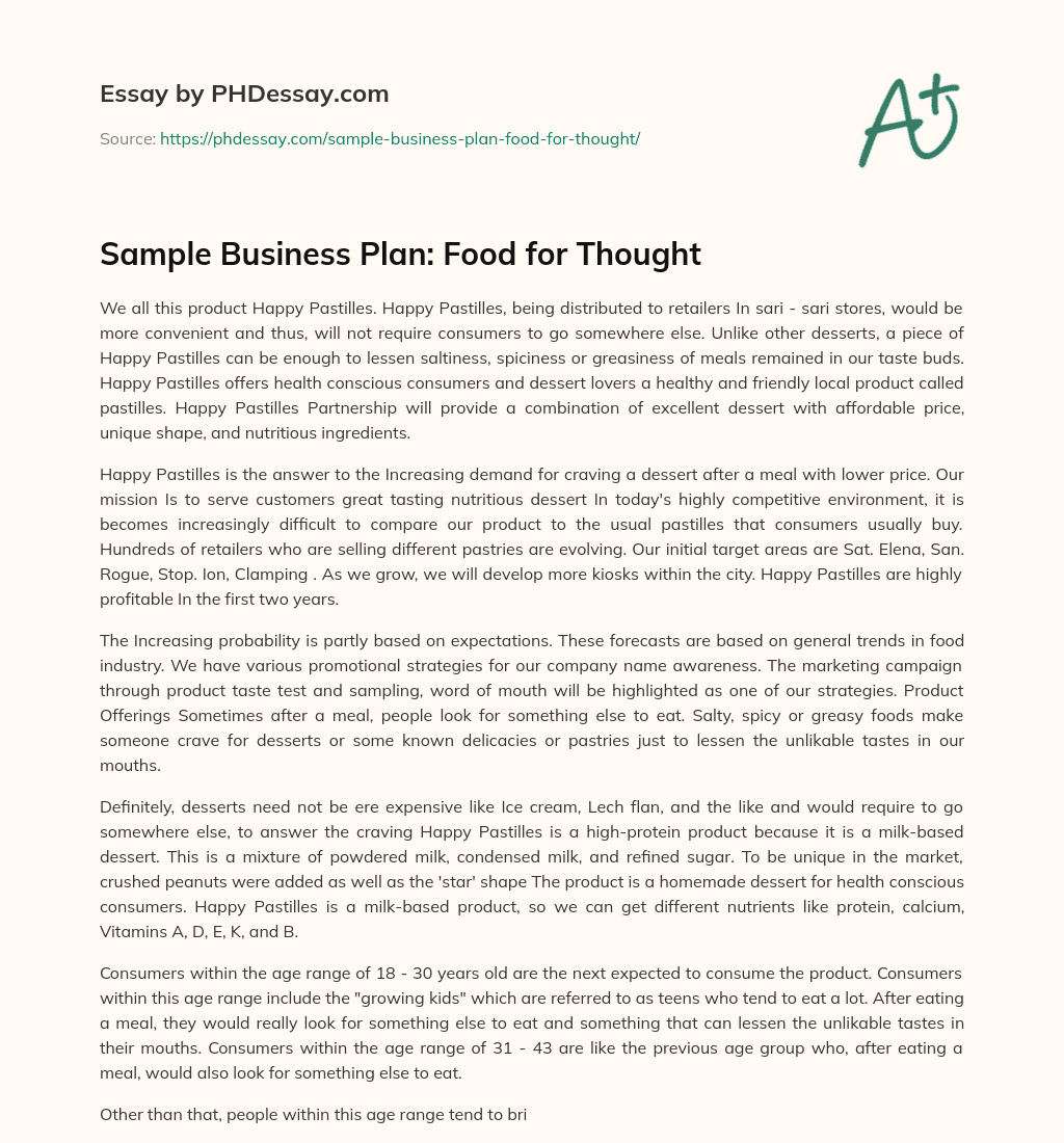Sample Business Plan: Food for Thought essay
